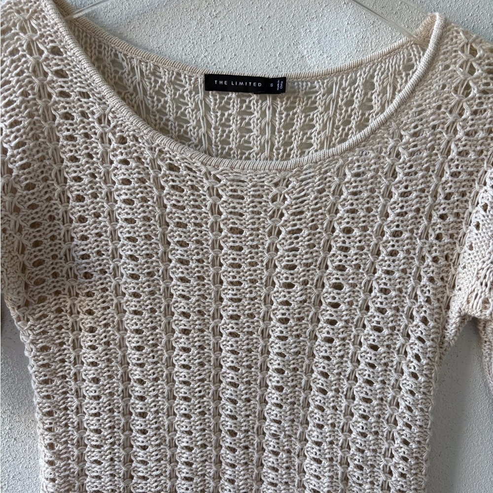 The Limited Small Linen Open Knit Crochet Cream Shirt Sleeve Sweater Boho Beach‎ - Picture 7 of 13